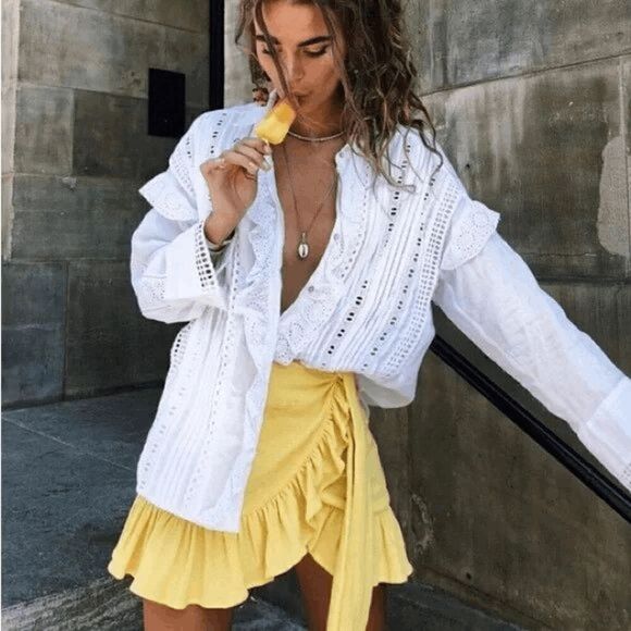 Zara Dresses & Skirts - Zara bright lemon yellow wrap mini skirt ruffle hem XS